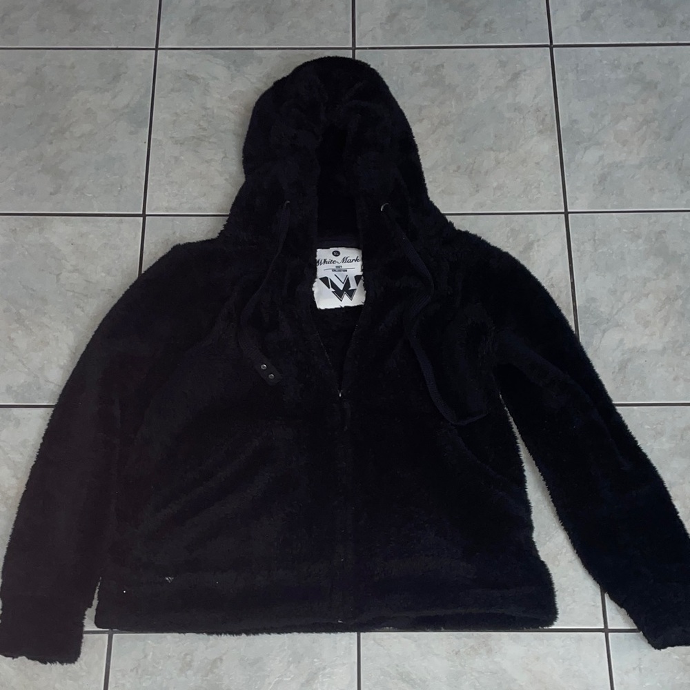 Women’s White Mark Black Plush Hooded Jacket Sherpa X-LARGE